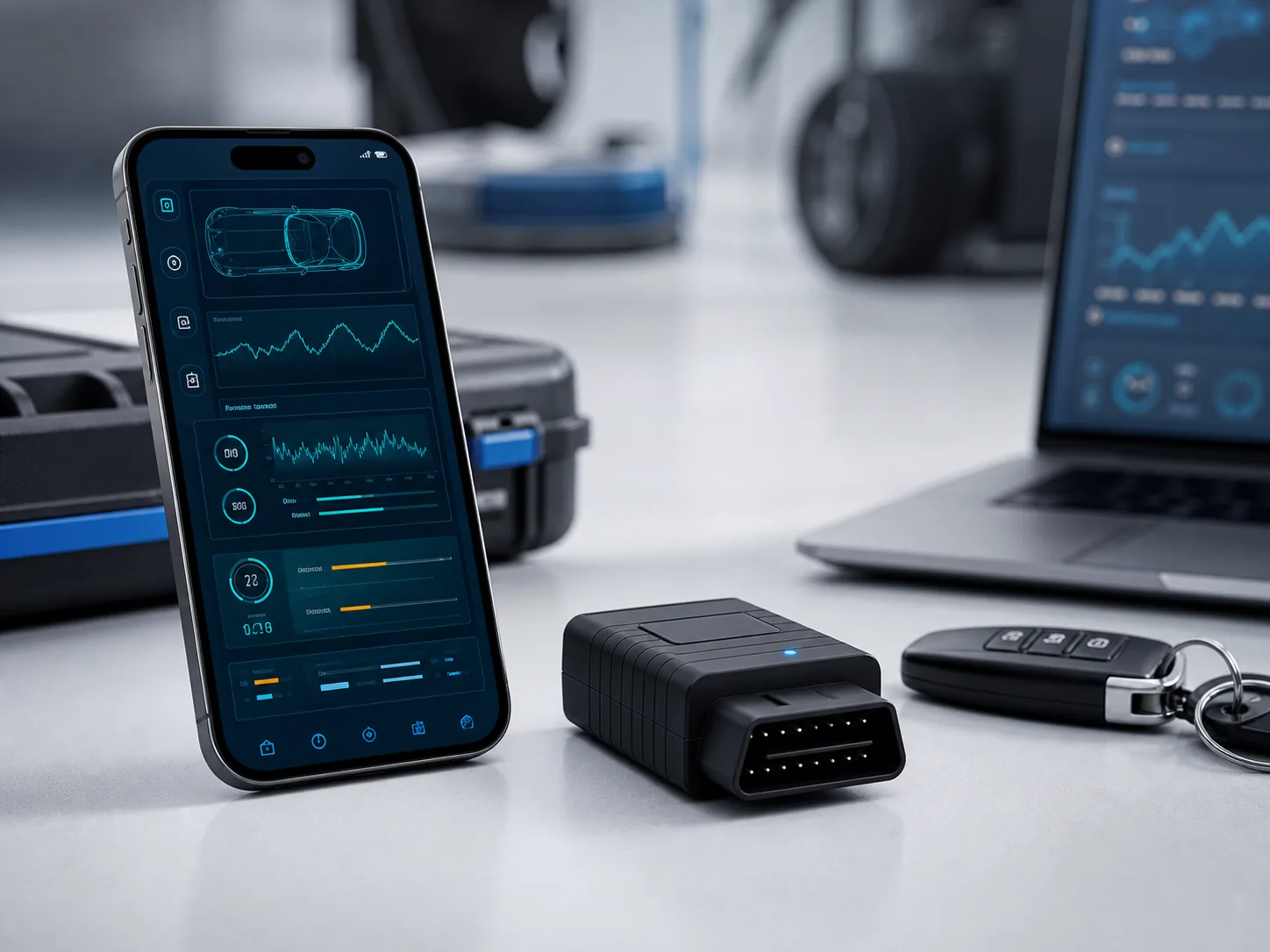 Смартфон с показаниями автомобильных датчиков и OBD2-адаптером